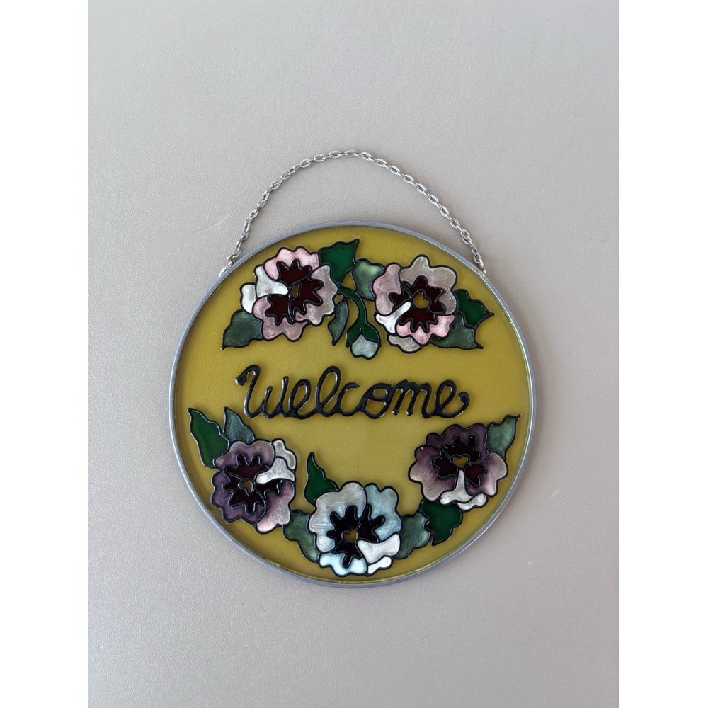 Welcome Stained Glass Round Hanging Decor Yellow Floral Purple 5.75"